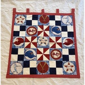 Take Me to Ball Game hanging wall quilt 21"x 21" red blue baseball Heartworks